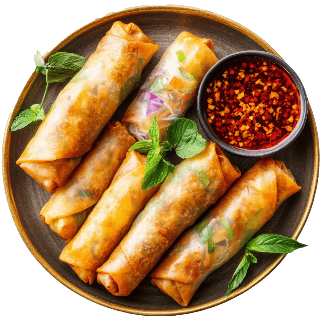 Rouleaux de printemps croustillants avec sauce pimentée chez Nock Thai à Limoux, garnis de menthe fraîche,