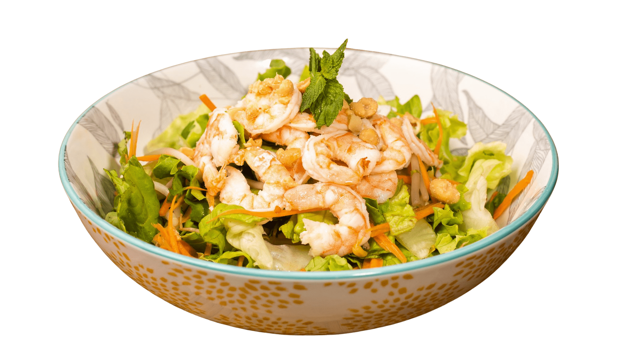 Salade de crevettes fraîche chez Nock Thai à Limoux avec laitue, carottes râpées et menthe,